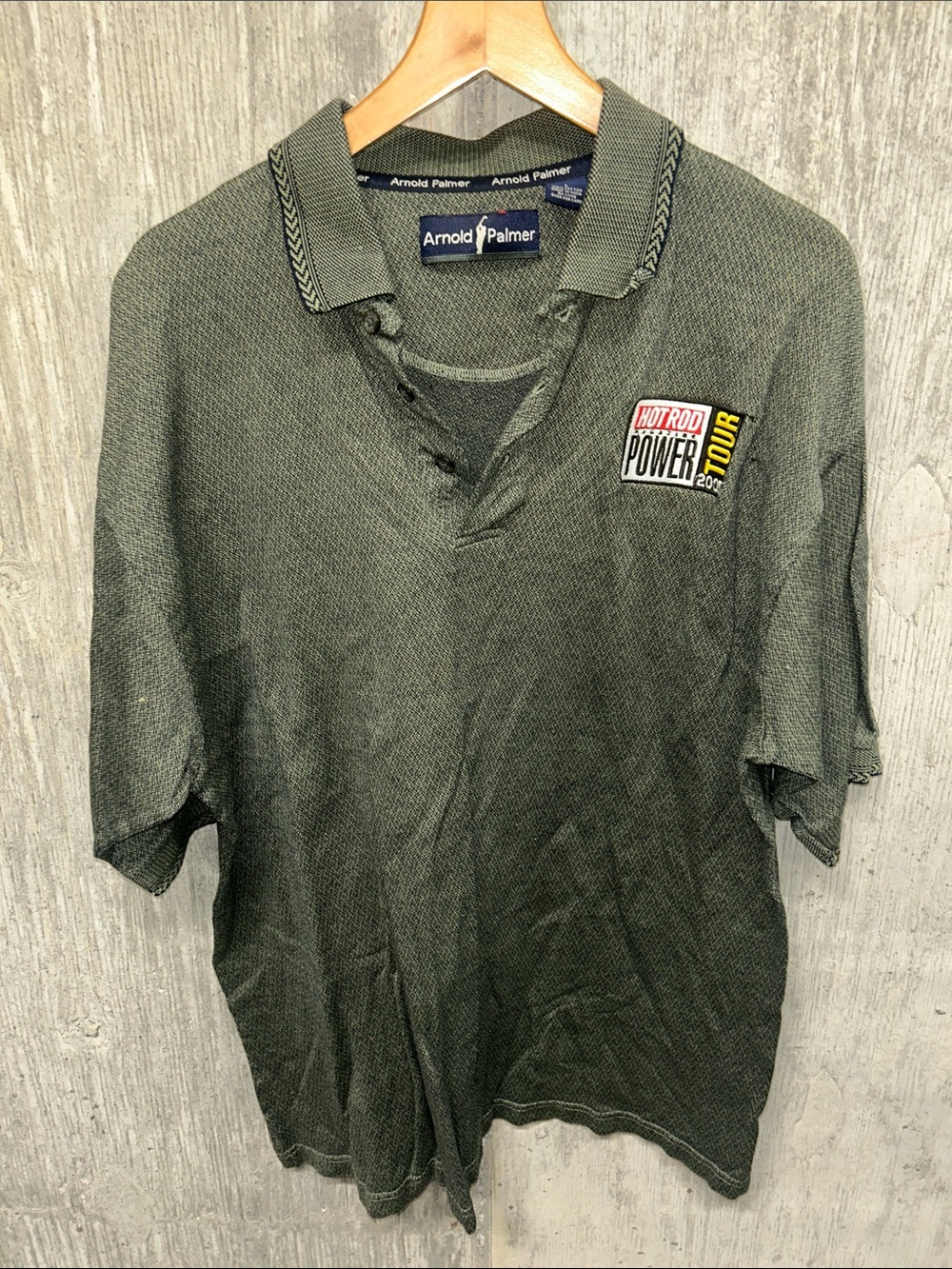 Arnold Palmer Men's Dark Green Polo with Hot Rod Power Tour 2005 Patch‎ Large